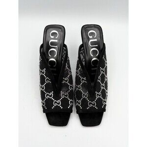 Gucci Black Mesh & Suede Crystal Rhinestone GG Slide Heels Mules Sz EU 38
